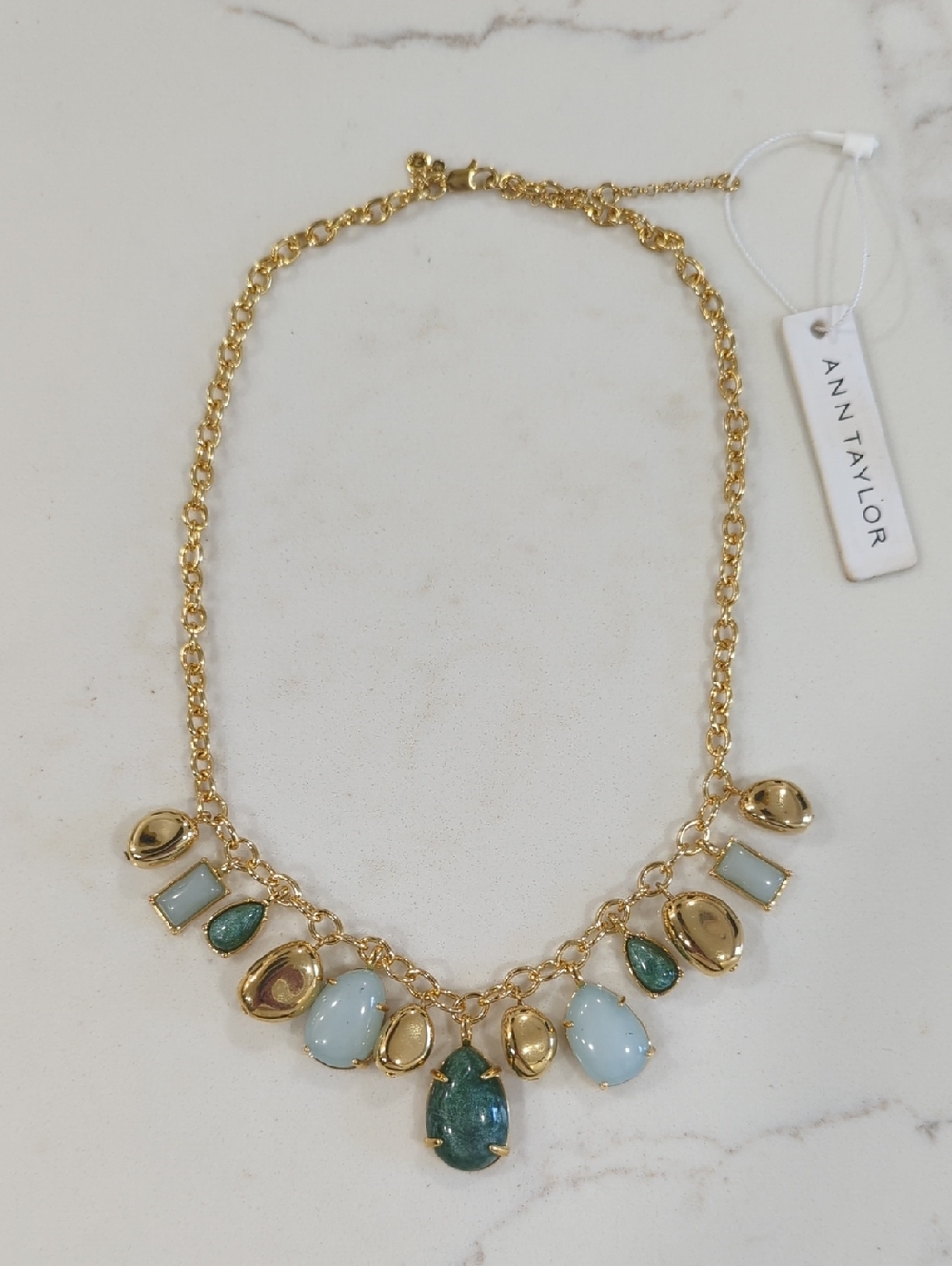 Ann Taylor Gold Plated Multi-Stone Necklace with Light Blue & Teal Accents